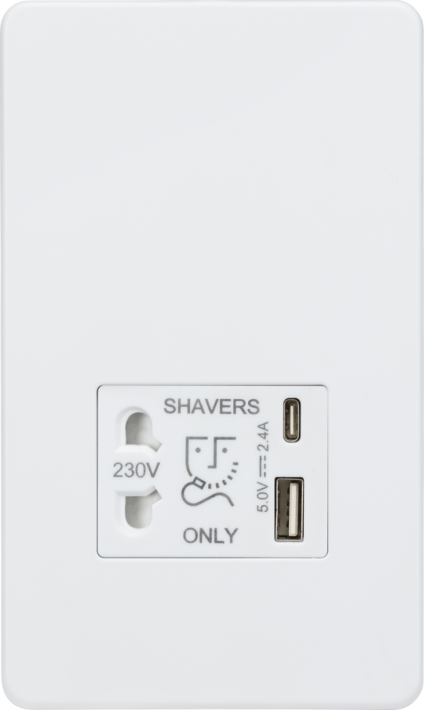 Knightsbridge SF8909MW Knightsbridge 230V Shaver Socket with Dual USB A+C (5V DC 2.4A shared) - Matt White with White Insert