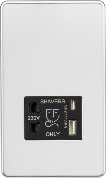 Knightsbridge SF8909PC Knightsbridge 230V Shaver Socket with Dual USB A+C (5V DC 2.4A shared) - Polished Chrome with Black Insert