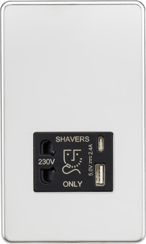 Knightsbridge SF8909PC Knightsbridge 230V Shaver Socket with Dual USB A+C (5V DC 2.4A shared) - Polished Chrome with Black Insert