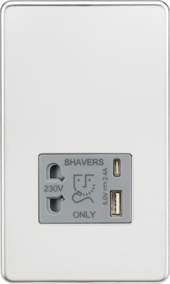 Knightsbridge SF8909PCG Knightsbridge 230V Shaver Socket with Dual USB A+C (5V DC 2.4A shared) - Polished Chrome with Grey Insert