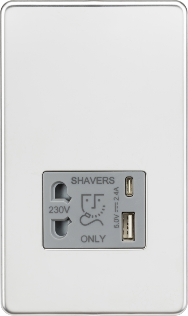 Knightsbridge SF8909PCG Knightsbridge 230V Shaver Socket with Dual USB A+C (5V DC 2.4A shared) - Polished Chrome with Grey Insert