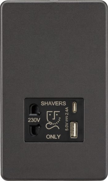 Knightsbridge SF8909SB Knightsbridge 230V Shaver Socket with Dual USB A+C (5V DC 2.4A shared) - Smoked Bronze with Black Insert