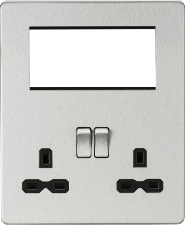 Knightsbridge SFR194BC Small Multimedia Combination Plate, Brushed Chrome, 13A Socket, 4 Euro Module Spaces, Screwless Design, Modern Power & Signal Distribution.