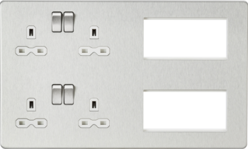 Knightsbridge SFR298BCW Combination Plate, Brushed Chrome, Dual 13A Sockets, 8 Euro Module Spaces, Screwless Design, Modern Power & Signal Distribution.