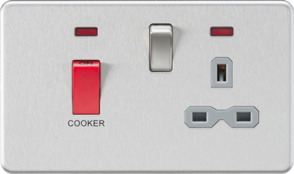 Knightsbridge SFR8333NBCG Cooker Control Unit, 45A DP Switch, 13A Switched Socket, Neon Indicators, Brushed Chrome Finish, Screwless Design.