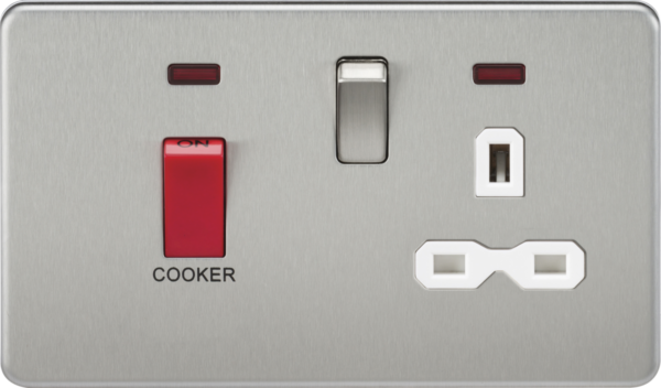 Knightsbridge SFR8333NBCW Knightsbridge Screwless 45A DP Switch and 13A Switched Socket with Neons - Brushed Chrome with White Insert