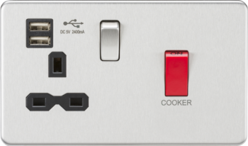 Knightsbridge SFR8333UBC Knightsbridge 45A DP Switch & 13A Switched Socket with Dual USB Charger 2.4A - Brushed Chrome with Black Insert