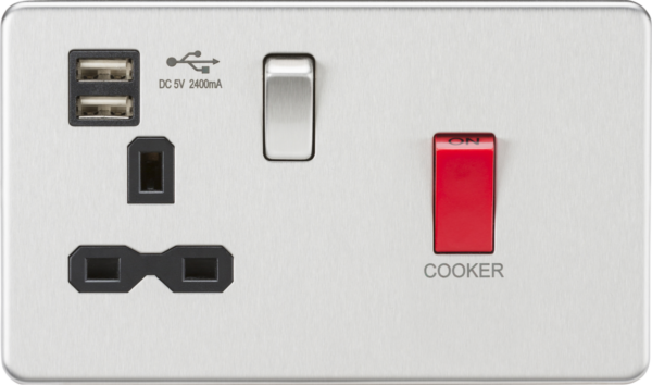 Knightsbridge SFR8333UBC Knightsbridge 45A DP Switch & 13A Switched Socket with Dual USB Charger 2.4A - Brushed Chrome with Black Insert
