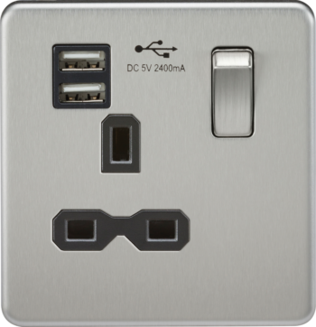 Knightsbridge SFR9124BC Knightsbridge Screwless 13A 1G Switched Socket with Dual USB Charger (2.4A) - Brushed Chrome with Black Insert