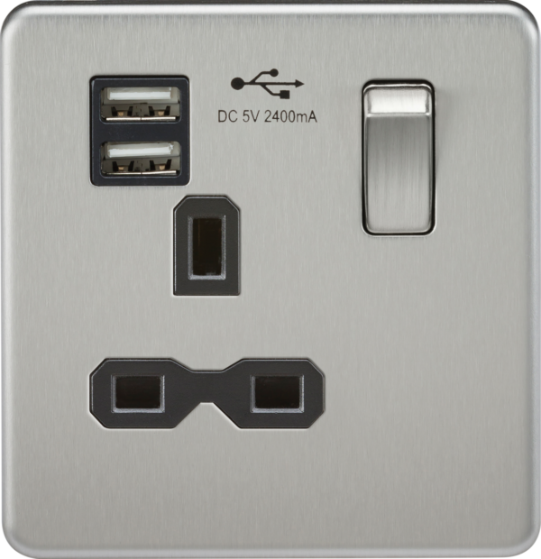 Knightsbridge SFR9124BC Knightsbridge Screwless 13A 1G Switched Socket with Dual USB Charger (2.4A) - Brushed Chrome with Black Insert