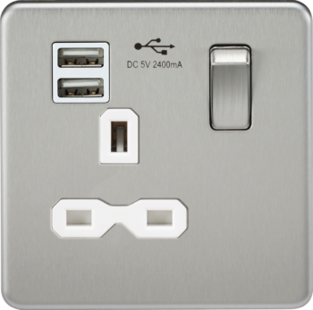 Knightsbridge SFR9124BCW Knightsbridge Screwless 13A 1G Switched Socket with Dual USB Charger (2.4A) - Brushed Chrome with White Insert