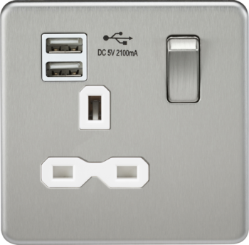 Knightsbridge SFR9901BCW Knightsbridge Screwless 13A 1G Switched Socket with Dual USB Charger (2.1A) - Brushed Chrome with White Insert