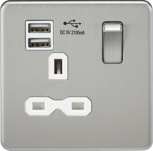 Knightsbridge SFR9901BCW Knightsbridge Screwless 13A 1G Switched Socket with Dual USB Charger (2.1A) - Brushed Chrome with White Insert