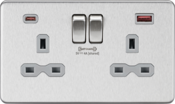 Knightsbridge SFR9909BCG Knightsbridge 13A 2G Switched Socket with Dual USB [FASTCHARGE] A+C - Brushed Chrome with Grey Insert