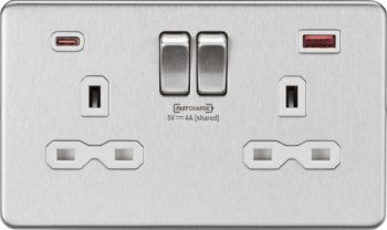 Knightsbridge SFR9909BCW Knightsbridge 13A 2G Switched Socket with Dual USB [FASTCHARGE] A+C - Brushed Chrome with White Insert