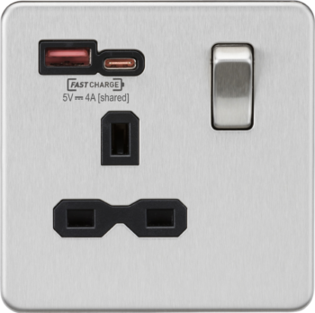 Knightsbridge SFR9919BC Knightsbridge 13A 1G Switched Socket with Dual USB [FASTCHARGE] A+C - Brushed Chrome with Black Insert