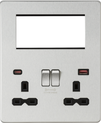 Knightsbridge SFR994BC Knightsbridge Screwless Small Multimedia Combination Plate with FASTCHARGE - Brushed Chrome with Black Insert