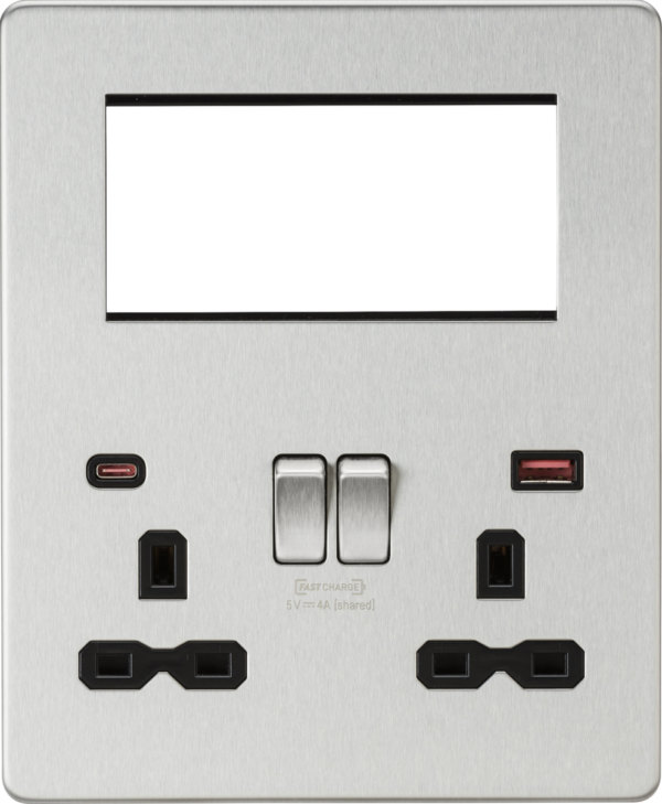 Knightsbridge SFR994BC Knightsbridge Screwless Small Multimedia Combination Plate with FASTCHARGE - Brushed Chrome with Black Insert