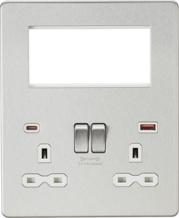 Knightsbridge SFR994BCW Knightsbridge Screwless Small Multimedia Combination Plate with FASTCHARGE - Brushed Chrome with White Insert