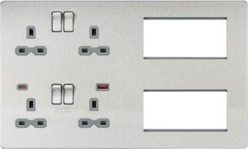 Knightsbridge SFR998BCG Knightsbridge Screwless Combination Plate with Dual USB FASTCHARGE A+C - Brushed Chrome with Grey Insert