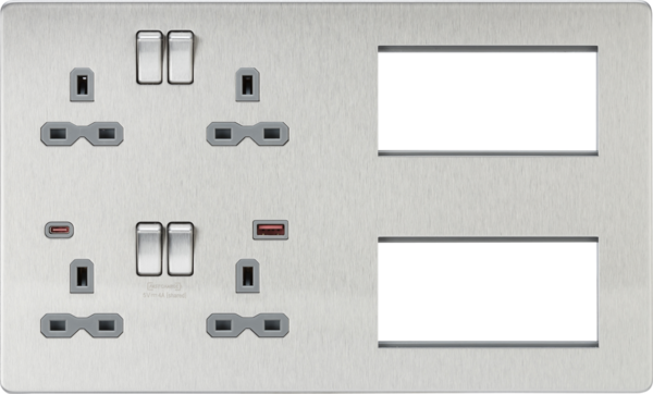 Knightsbridge SFR998BCG Knightsbridge Screwless Combination Plate with Dual USB FASTCHARGE A+C - Brushed Chrome with Grey Insert