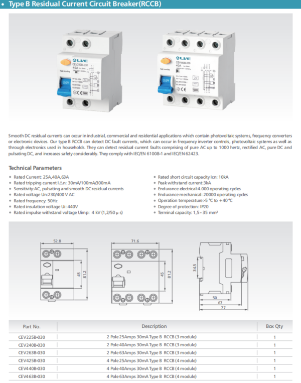 Live Electrical CEV263B-030 Live Electrical 2 Pole 63A Type B RCCB 2