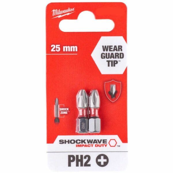Milwaukee 4932472036 Milwaukee 4932472036 Shockwave Screwdriver Bit Philips PH2 x 25mm Impact Duty - Pack of 2 2