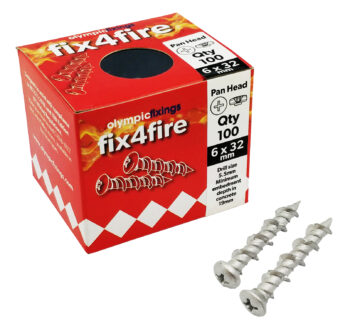 Olympic Fixings 211-100-010 Olympic Fixings Fix4Fire Multi-Purpose Fire Resistant Screws 6x32 mm Pan Head - 100 Pieces