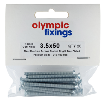 Olympic Fixings 215-400-036 Olympic Fixings M3.5 x 50mm Steel Raised Head BZP Machine Screw - Pack of 20