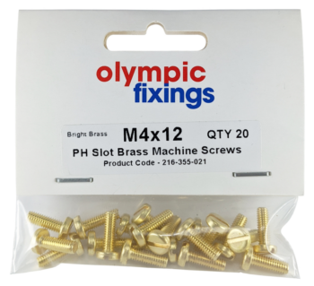 Olympic Fixings 216-355-021 Olympic Fixings M4 x 12mm Brass Pan Head Slot Machine Screws - Pack of 20