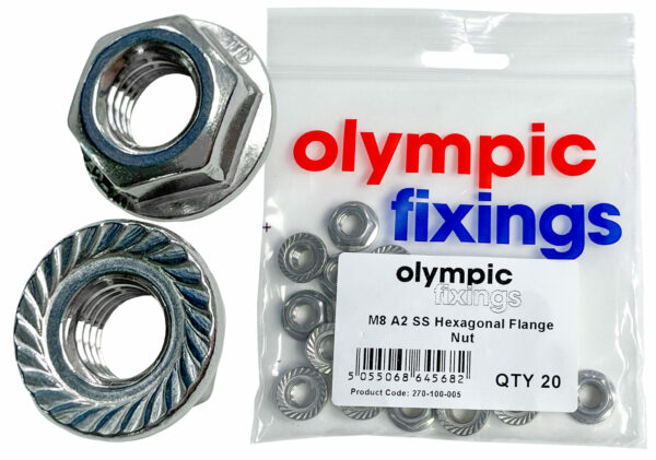 Olympic Fixings 270-100-005 Olympic Fixings A2 Stainless Steel Hexagonal Flange Nut with Serration - M8 - 20 Pcs