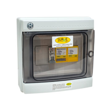 Surge Devices 10812/LEDENCM Surge Devices Type 1+2+3 50kA Single Phase SPD with All/Full Mode Protection & LED Indication & 1P 63A MCB in IP65 Polycarbonate Enclosure