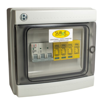 Surge Devices SY12350KA4P/ENCM Surge Devices Type 1+2+3 50kA 3 Phase Lightning and Surge Arrester with Window Indication & 3P 63A MCB in IP65 Polycarbonate Enclosure
