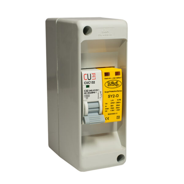 Surge Devices SY2-D/ENCM Surge Devices Type 2+3 Single Module 2P SPD with Replaceable Modules and Window Indication & 1P 32A MCB in A 2 Module Box