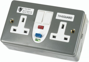 Timeguard RCD07MAVN Timeguard RCD Protected Double Gang Metal Switched Socket – Active 1