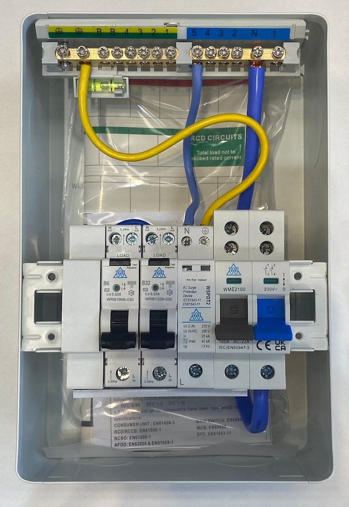 WCED WME06/SP/G/632 WCED 3 Way Garage Metal SPD Consumer Unit with 6/32A RCBOs 2