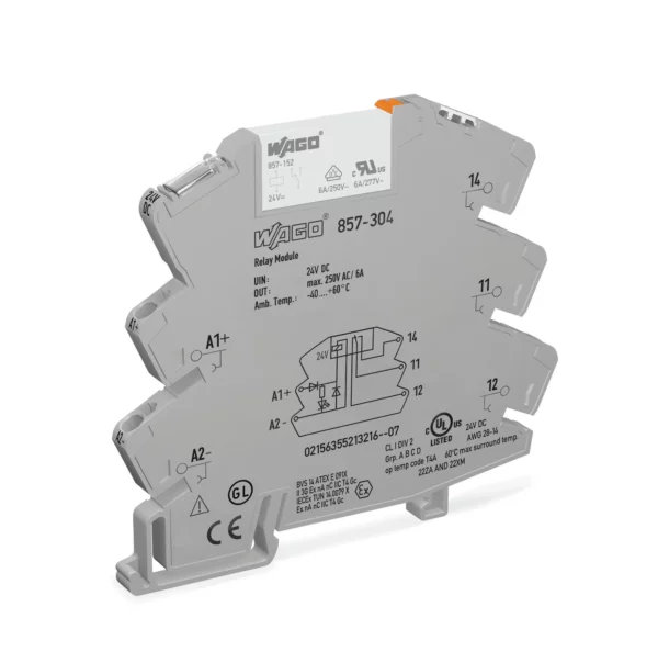 Wago 857-304 Wago 857 Relay Module with 1 Changeover Contact - 24V DC 6A 2.5mm² Grey 1