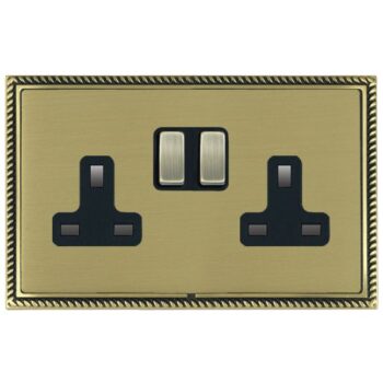 Hamilton LGXSS2ABSBB Linea-Georgian CFX Antique Brass Frame/Satin Brass Plate 2 Gang 13A Double Pole Switched Socket with Antique Brass Rockers and Black Surround