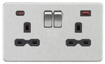 Knightsbridge SFR9945BC - 13A 2G DP Switched Socket with Dual USB A+C Brushed Chrome wBlack Insert