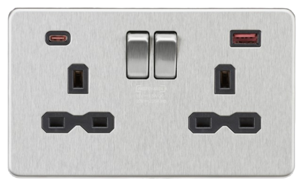 Knightsbridge SFR9945BC - 13A 2G DP Switched Socket with Dual USB A+C Brushed Chrome wBlack Insert