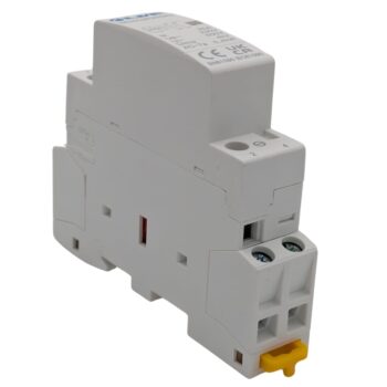 Live Electrical 2 Pole 25A 2NO modular AC contactor with 24V DC coil – quiet operation, DIN rail mount, and BS EN 60947-4-1 compliant.