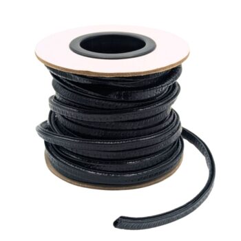 Unicrimp QGT10B Grommet Strip Edge Roll, 5mm x 8mm x 10m in black PVC with steel core, designed to protect cables from sharp edges in electrical installations.