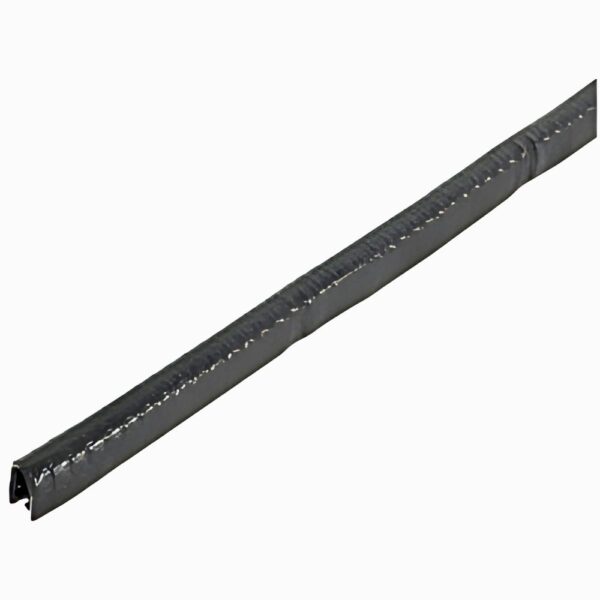 Unicrimp QGT10B Grommet Strip Edge Roll, 5mm x 8mm x 10m in black PVC with steel core, designed to protect cables from sharp edges in electrical installations.