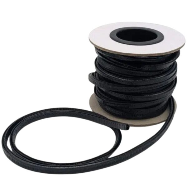 Unicrimp QGT10B Grommet Strip Edge Roll, 5mm x 8mm x 10m in black PVC with steel core, designed to protect cables from sharp edges in electrical installations.