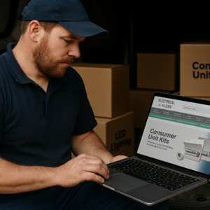 Electrician using online electrical wholesaler Electrical4Less Ltd for fast trade supplies delivery in the UK