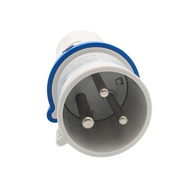 Gewiss GW60015H 32A blue 3 pin plug for 200–250V single-phase connections with IP44/IP54 rating and screw terminal wiring.