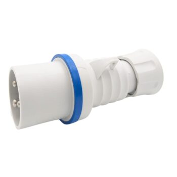 Gewiss GW60015H 32A blue 3 pin plug for 200–250V single-phase connections with IP44/IP54 rating and screw terminal wiring.