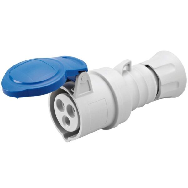Blue Gewiss GW62015H 32A straight 3 pin plug (2P+E) with IP44/IP54-rated casing and screw wiring for secure single-phase power connections.