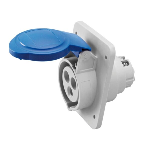 Blue Gewiss GW62205H 16A 3 pin socket outlet (2P+E) with angled flush-mount design, IP44/IP54 protection, and screw wiring terminals for industrial use.