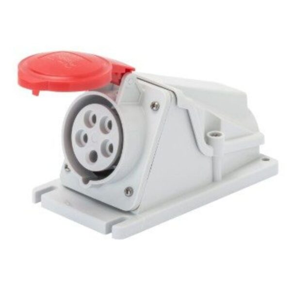 Red Gewiss GW62482 16A 3P+N+E surface-mounted 5 pin socket with 90° angled housing, IP44 protection, and screw terminals for three-phase industrial use.